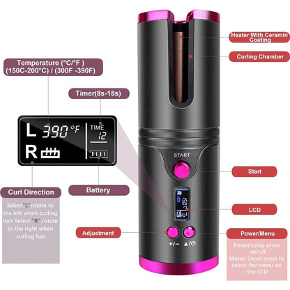 Cordless Automatic Hair Curler – 3 Heat & Timer Settings
